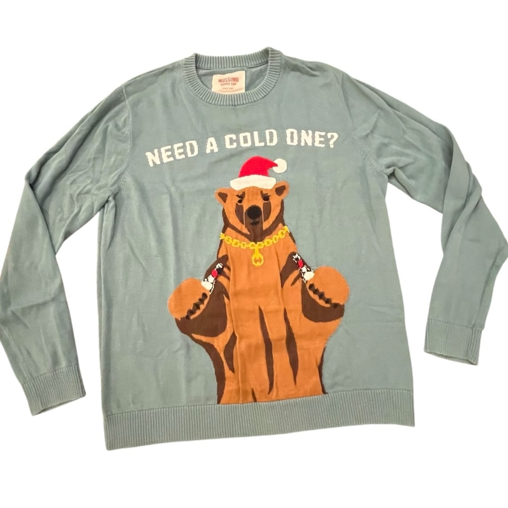 Mossimo Supply Sweater Cool Bear NEED A COLD ONE Ugly Sweater Full Graphic LARGE